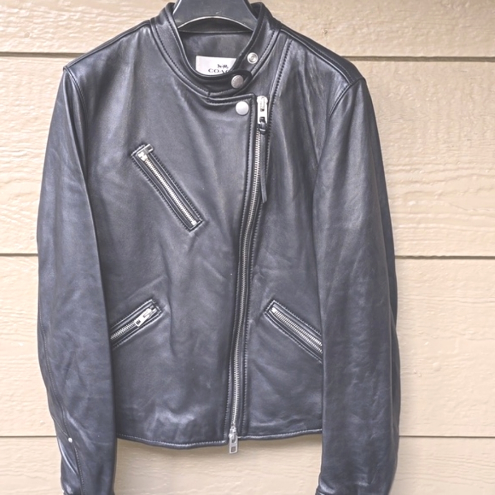 Coach black butter lamb leather moto racer  jacket medium m